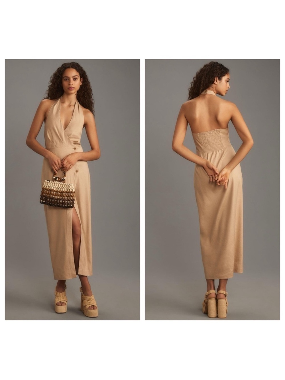 By Anthropologie Linen Halter V-Neck Wrap Column Midi Dress New Size Small